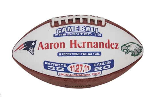 2011 New England Patriots vs Philadelphia Eagles Wilson Game Ball Presented To Aaron Hernandez